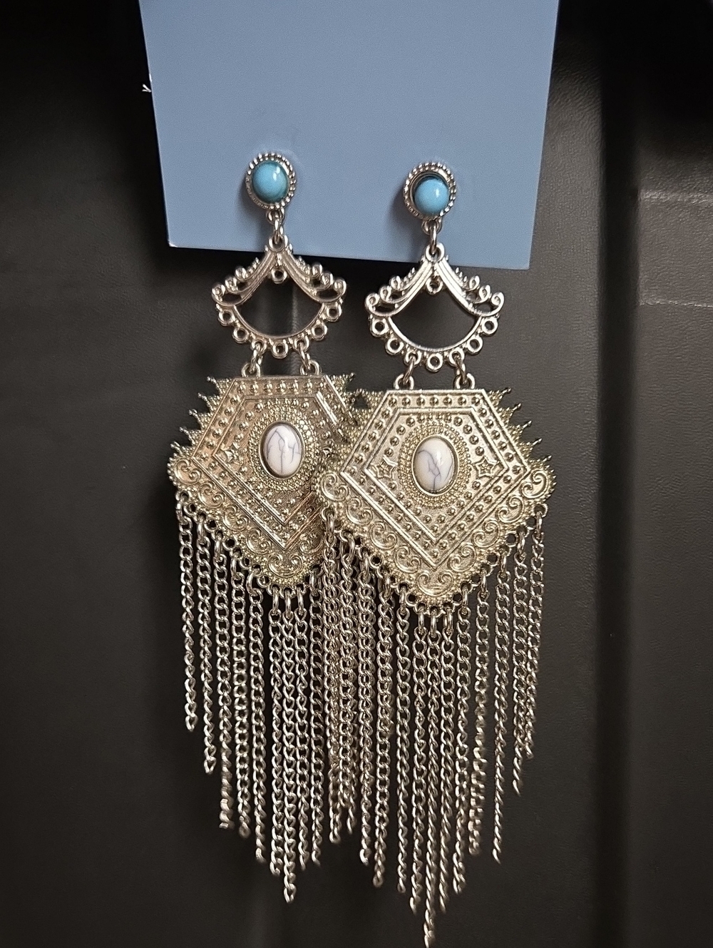 Vintage Silver Filigree Chandelier Earrings with Fuax Turquoise Studs - Picture 4 of 15